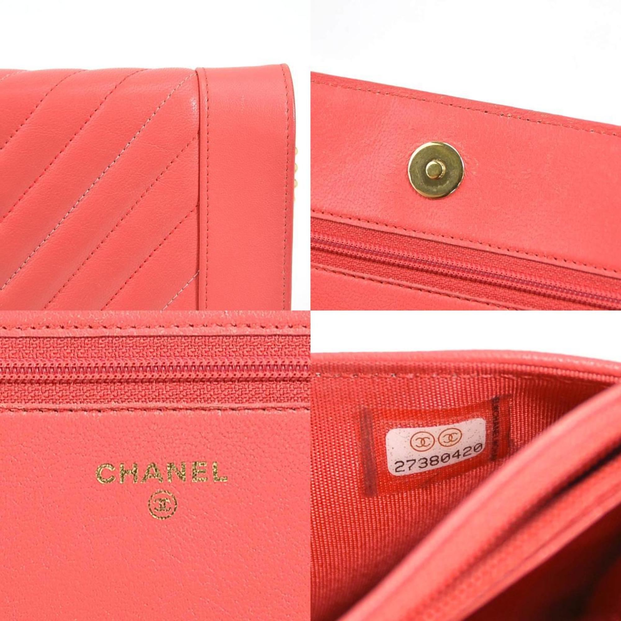 CHANEL Wallet Chain V Stitch Leather/Metal Pink/Gold Ladies