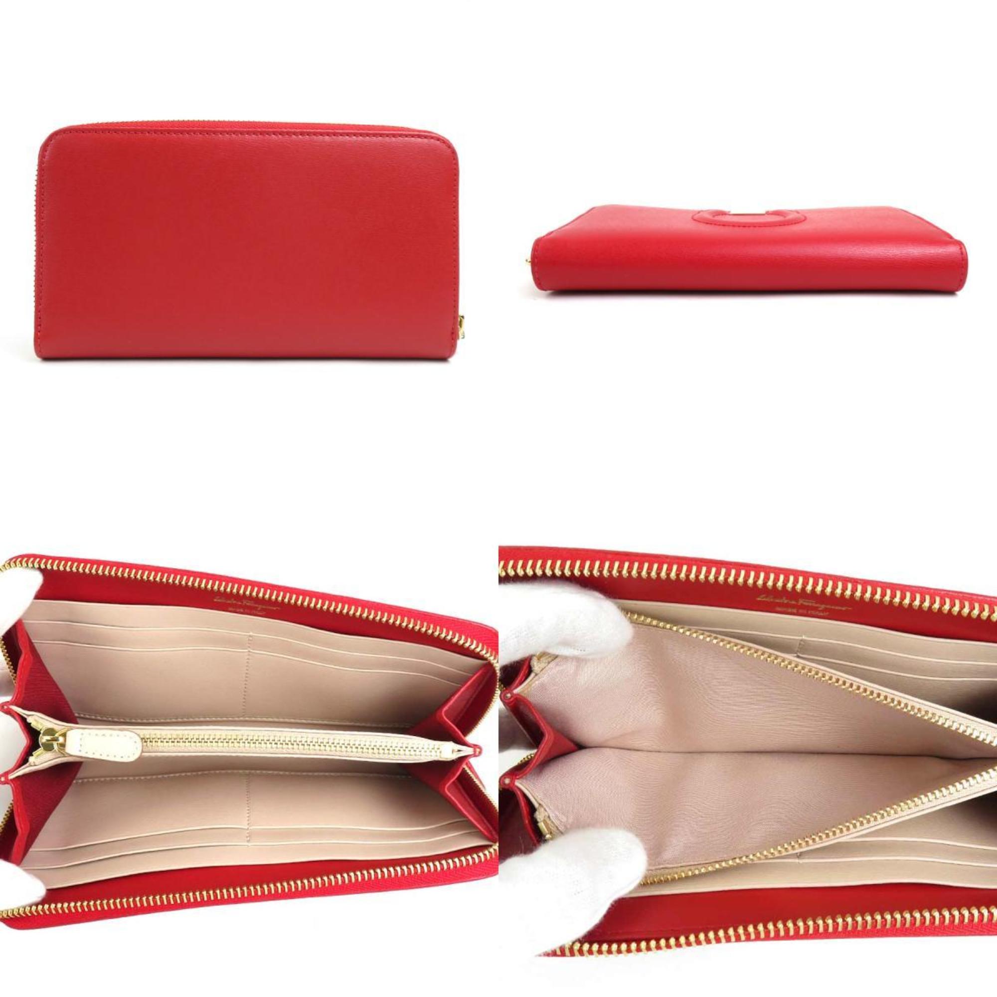 Salvatore Ferragamo Round Zipper Long Wallet Gancini Leather Red Ladies
