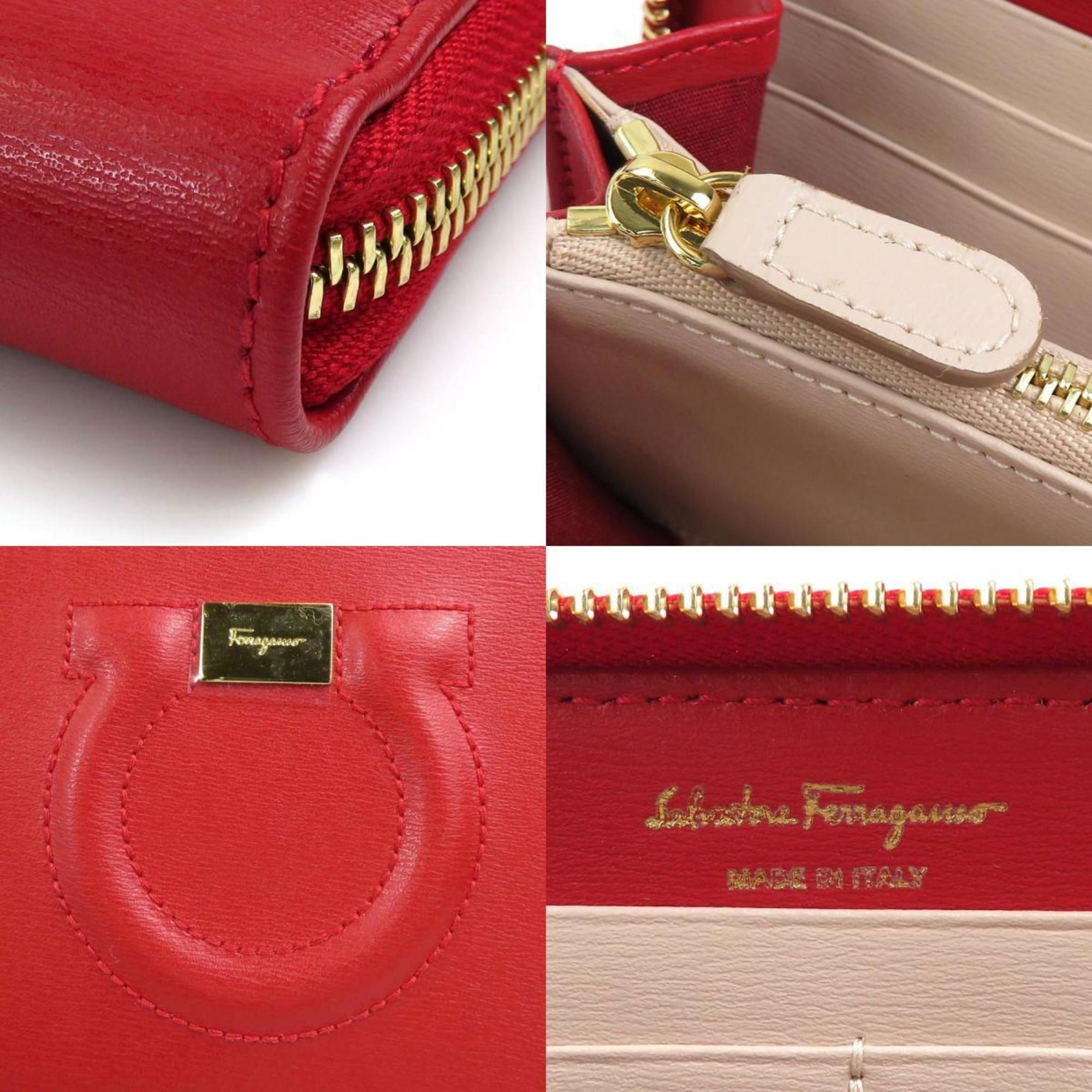 Salvatore Ferragamo Round Zipper Long Wallet Gancini Leather Red Ladies
