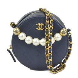 CHANEL Crossbody Shoulder Bag Pochette Coco Mark Leather/Metal/Navy/Gold/Off-White Women's