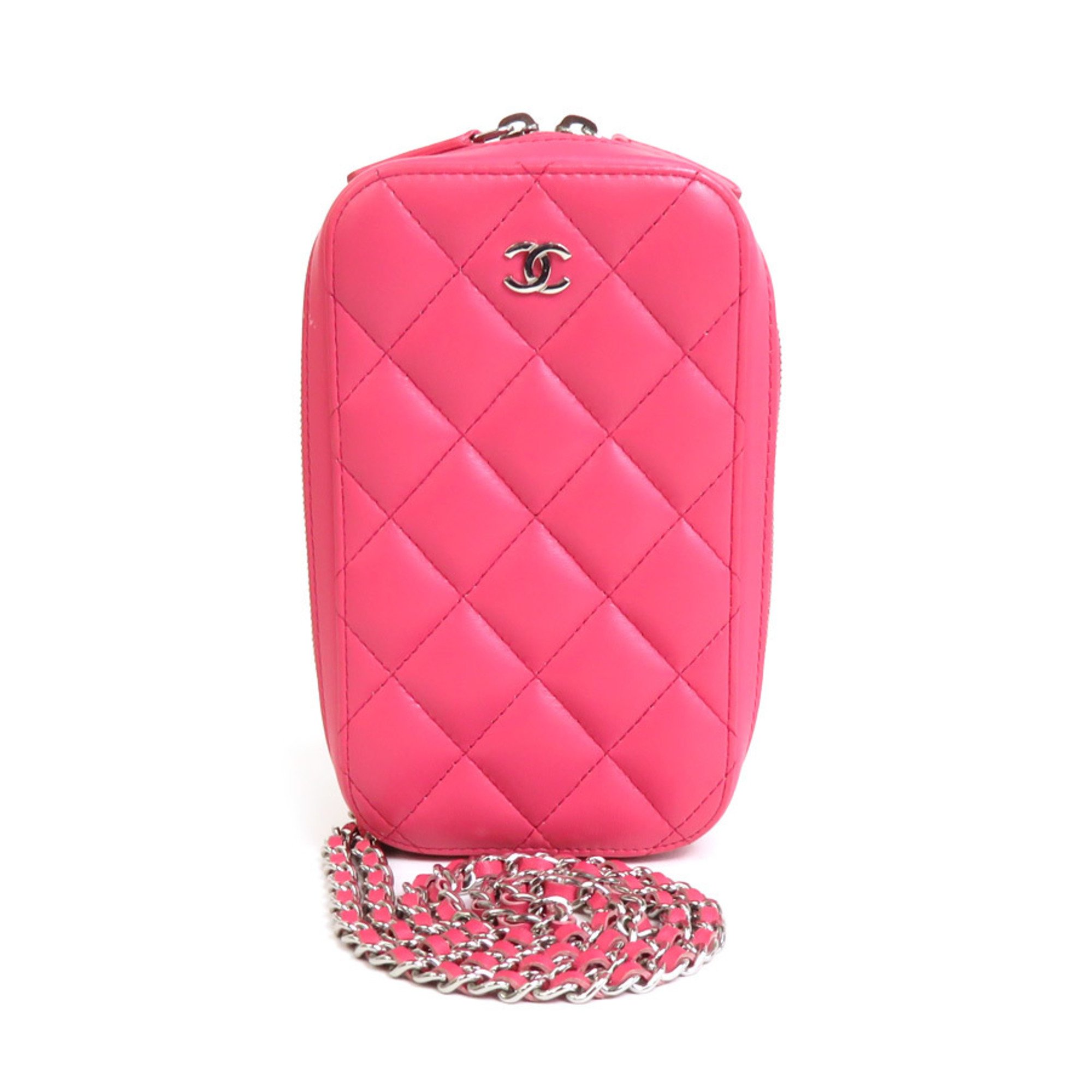 CHANEL Smartphone Case Chain Phone Pouch Crossbody Shoulder Bag Matelasse Leather/Metal Pink/Silver Women's