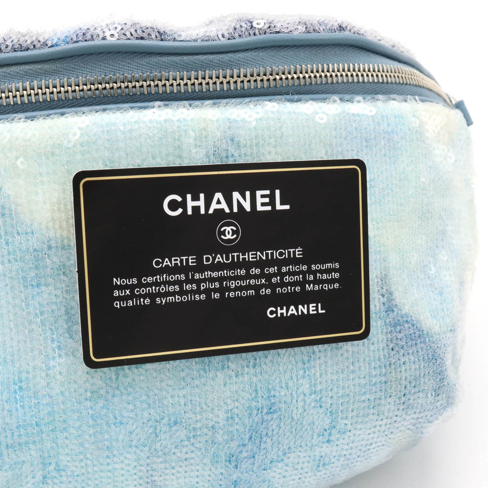 CHANEL Coco Charm Waist Pouch Bag Body Sequin Leather Blue