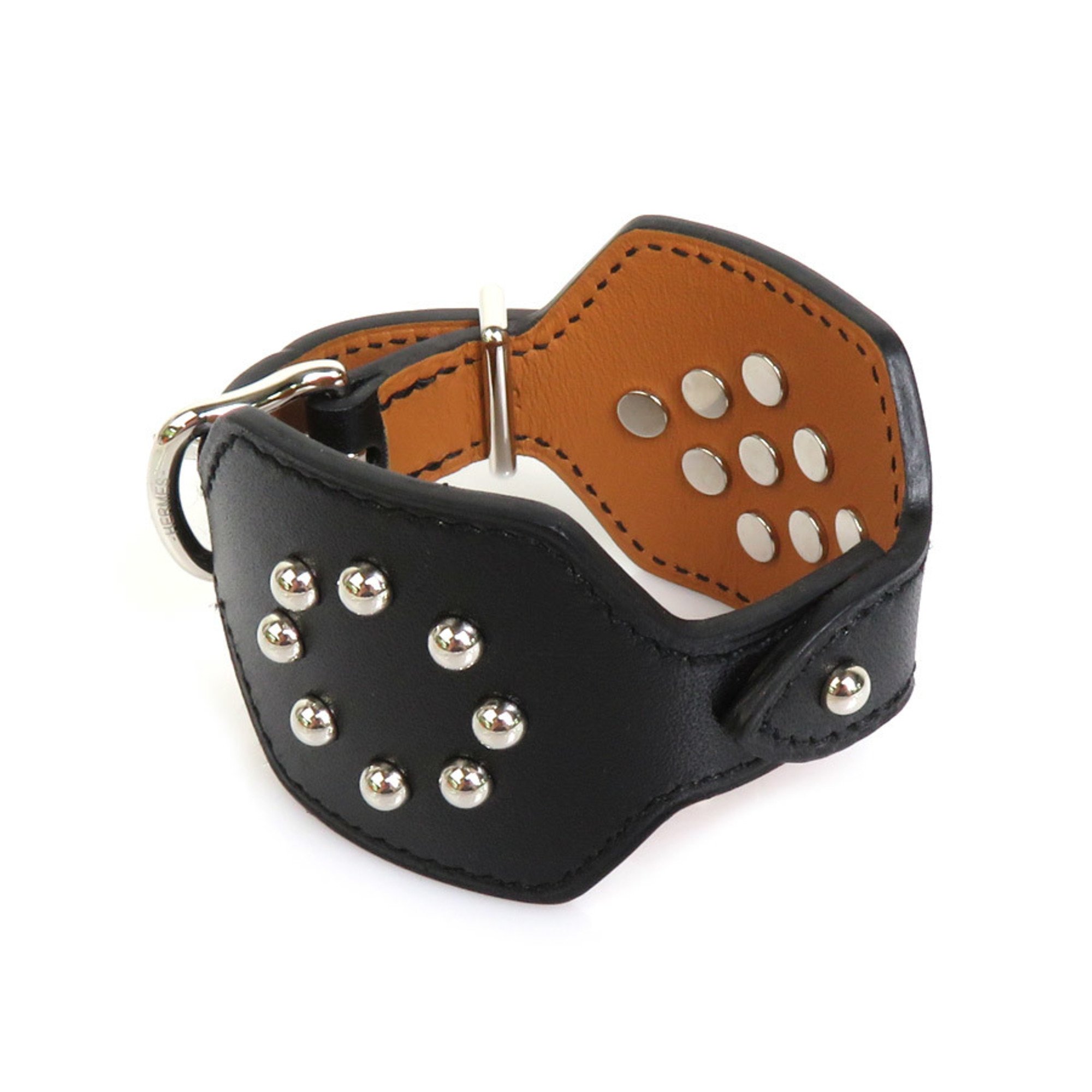 HERMES Bracelet Studded Leather/Metal Black/Silver Ladies