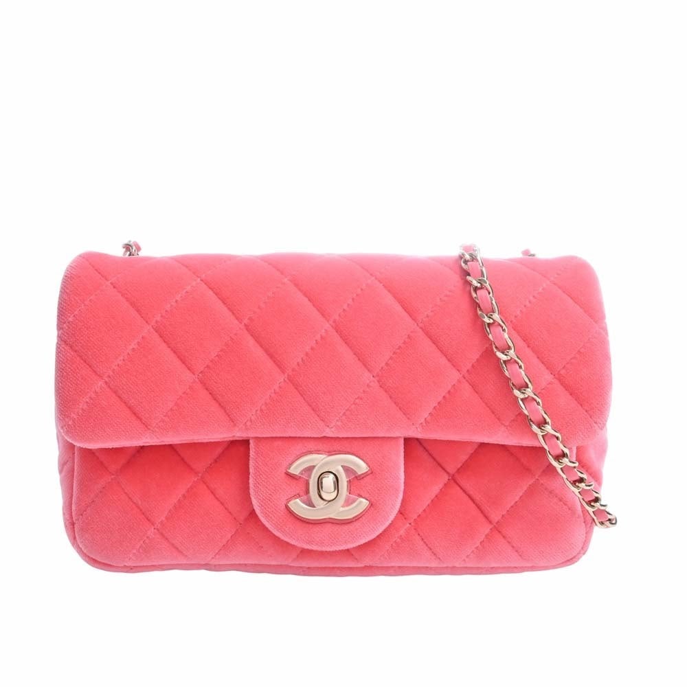 CHANEL Velor Matelasse Coco Mark Ball Chain Shoulder Bag Pink Ladies