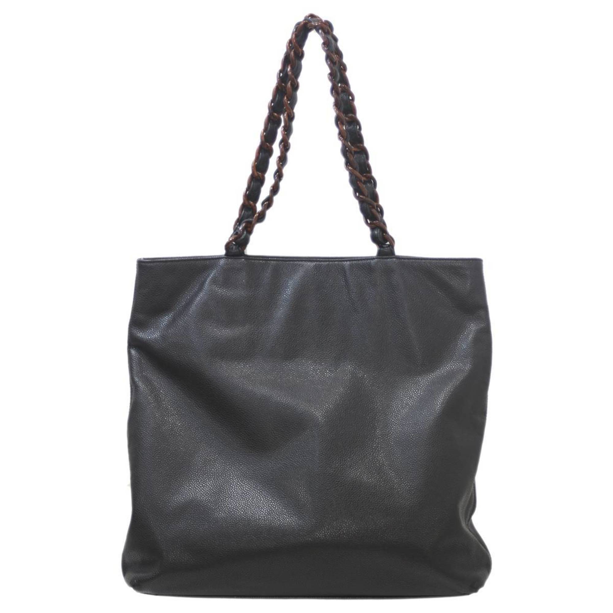 CHANEL Coco Shoulder Bag Caviar Skin Woodgrain Acrylic Chain Tote Black Women's KS
