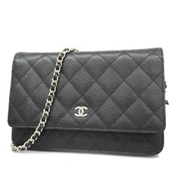 Auth Chanel Matelasse Silver Hardware Caviar Leather Chain/Shoulder Wallet  Black