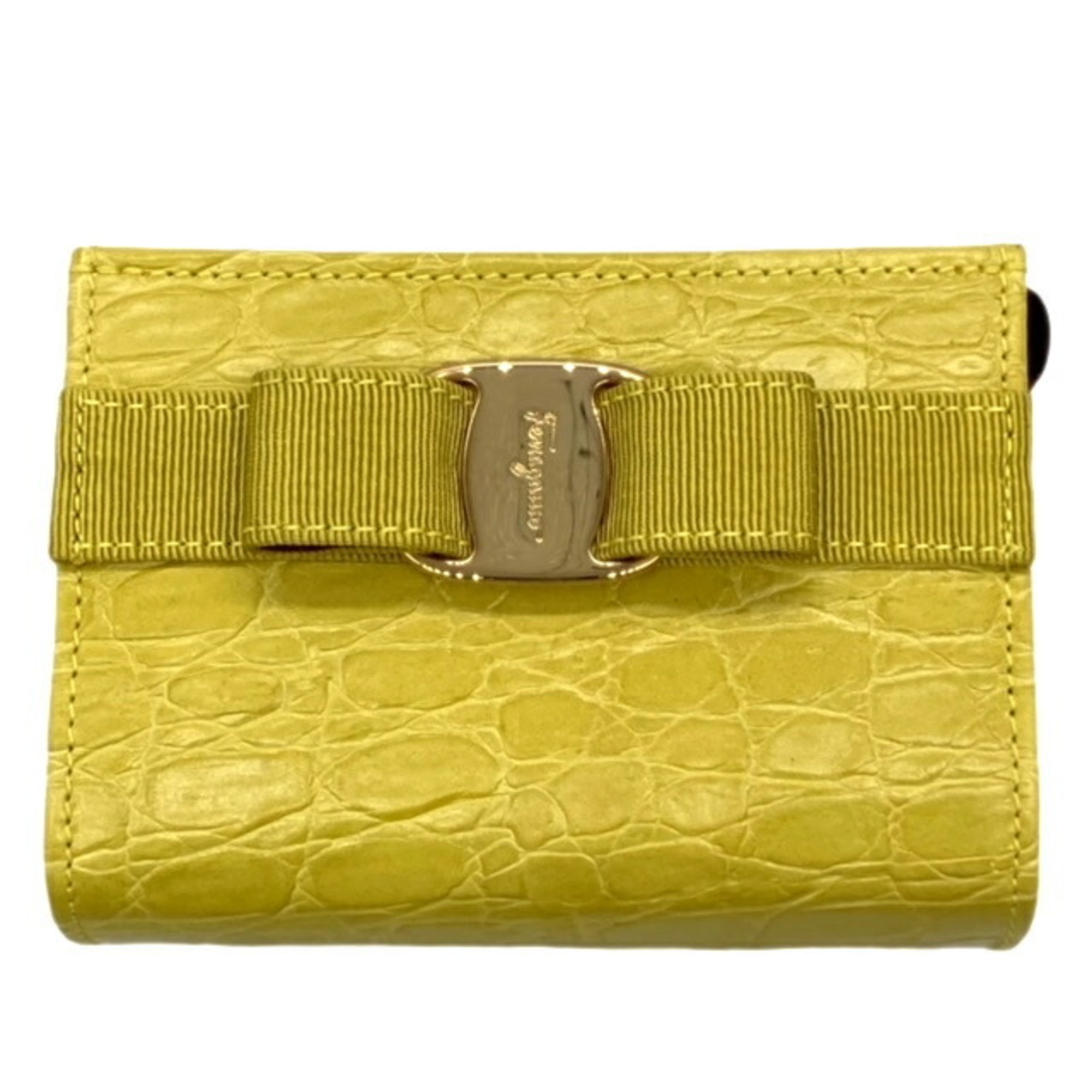 Salvatore Ferragamo Pouch Rose Ribbon Olive Green 22-3057 Women's Leather