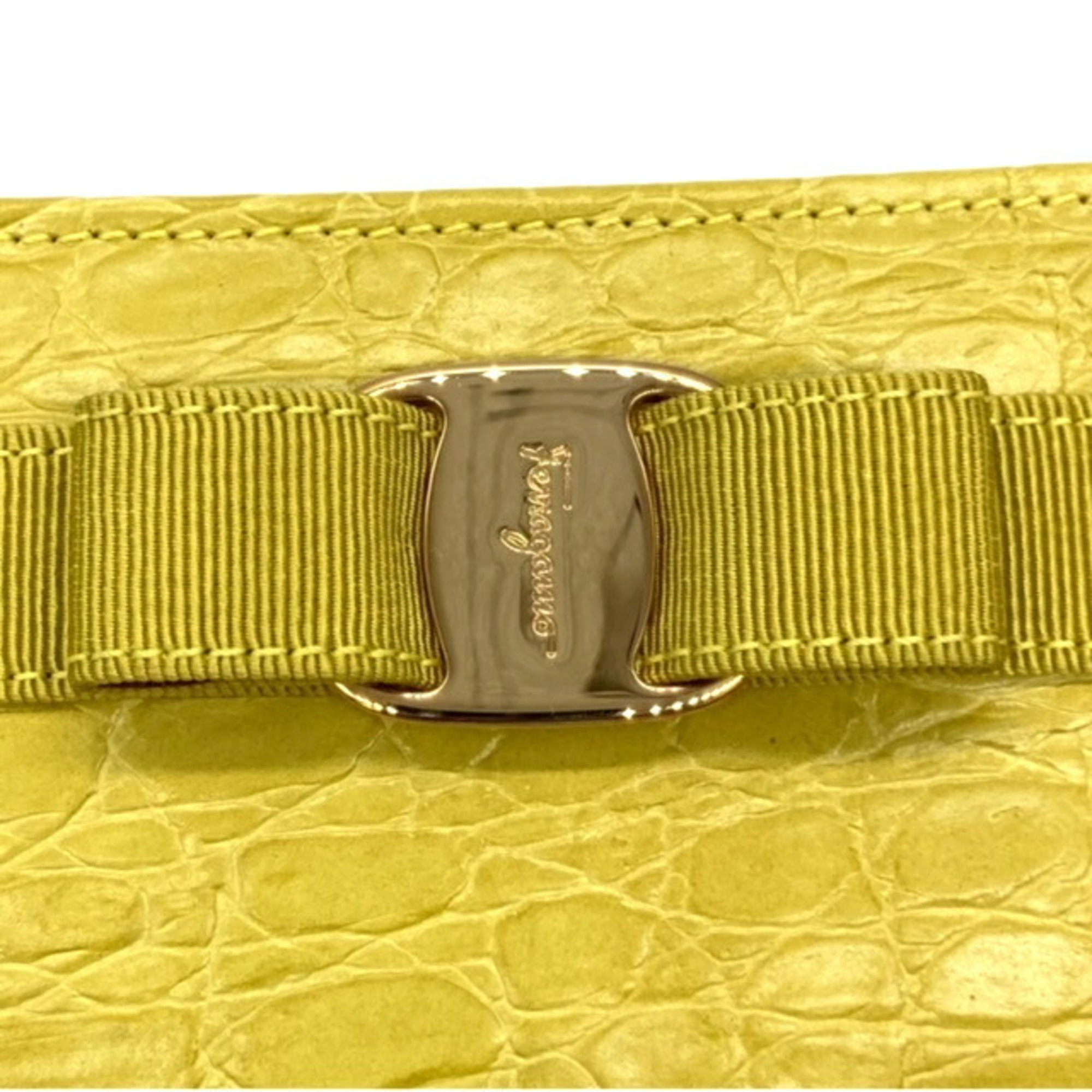 Salvatore Ferragamo Pouch Rose Ribbon Olive Green 22-3057 Women's Leather