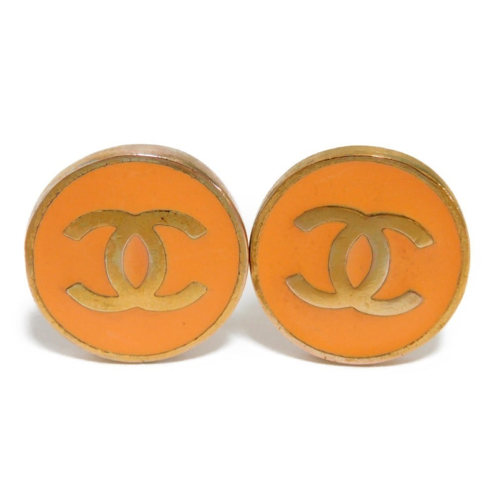 CHANEL Earrings Round Coco Mark Button Enamel Pastel GP Gold 01P