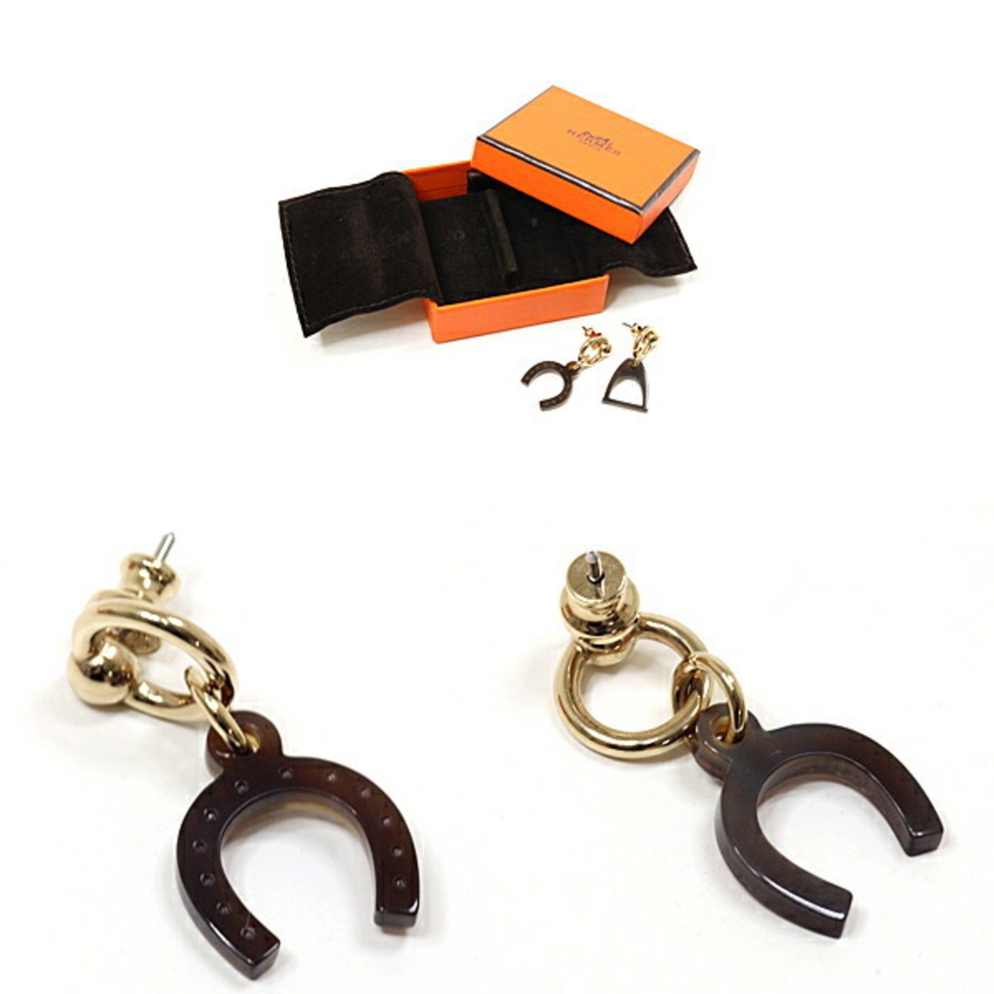 HERMES Earrings Amulet Buffalo Horn Lacquer Horseshoe Stirrup Brown
