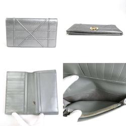 Christian Dior Bifold Long Wallet Diorama Leather Silver Women's