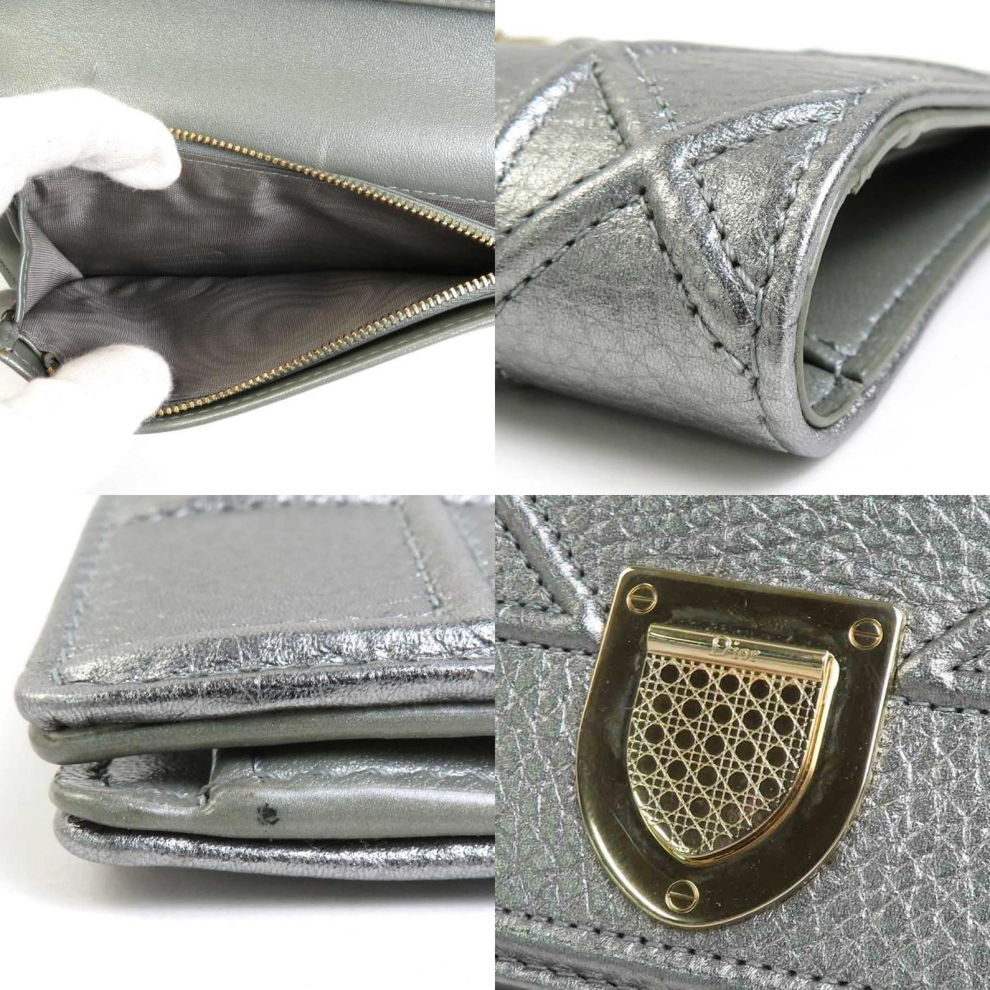 Christian Dior Bifold Long Wallet Diorama Leather Silver Women's