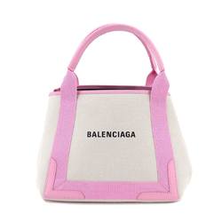 BALENCIAGA Navy Cabas Small Tote Bag Canvas Leather White Pink Logo 339933