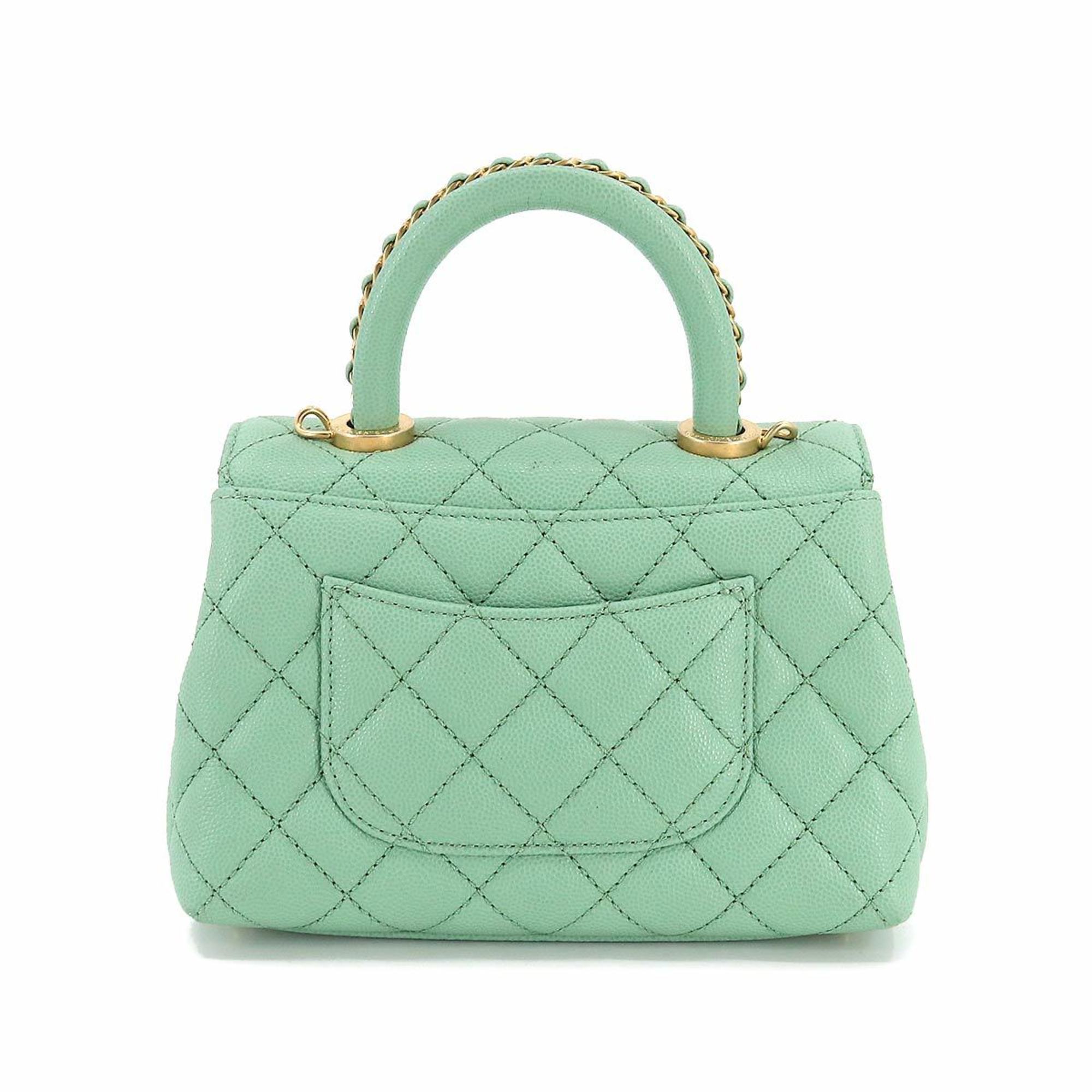 CHANEL Coco Handle Matelasse 2way Hand Shoulder Bag Caviar Skin Leather Green AS2215