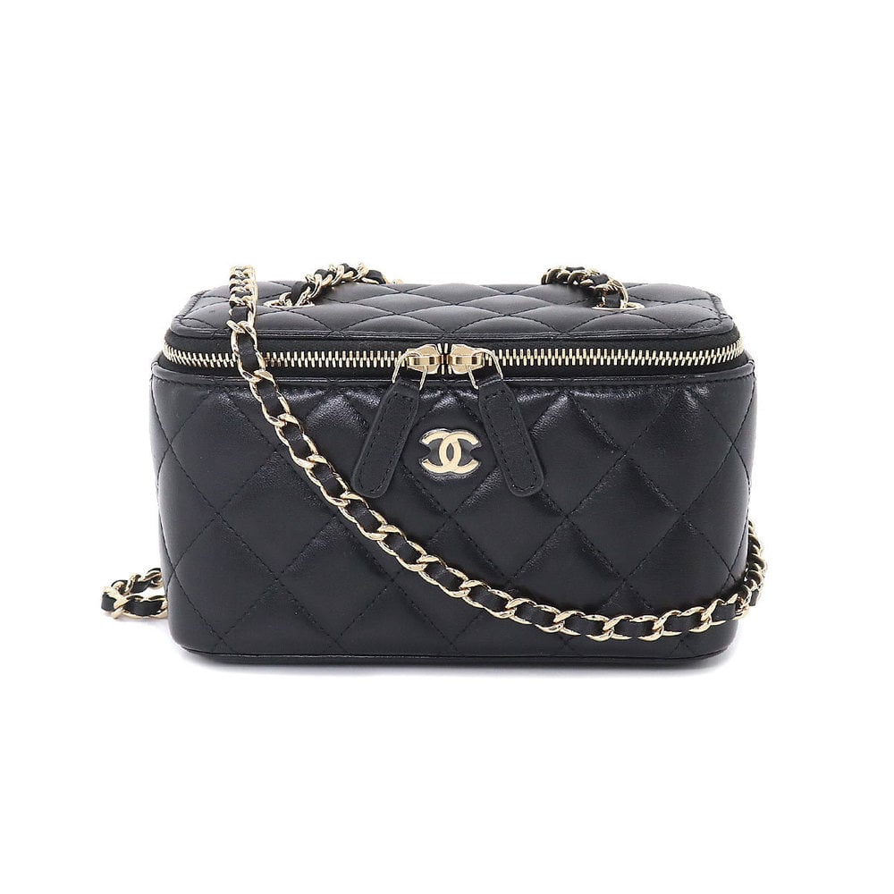 CHANEL Matelasse Small Vanity Case Chain Shoulder Bag Leather Black AP1341