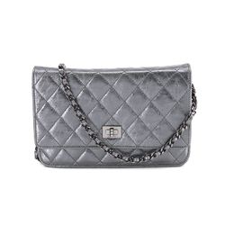 CHANEL 2.55 Chain Wallet Long Leather Metallic Gray Silver Hardware