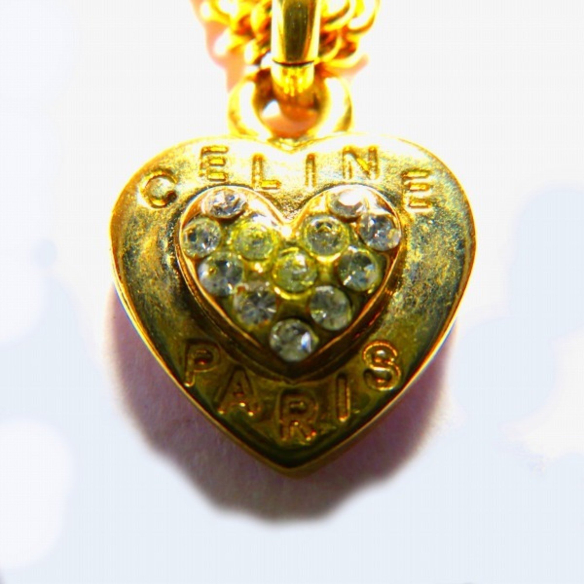 CELINE Logo Heart Chain GP Rhinestone Necklace Vintage Brand Accessories Ladies