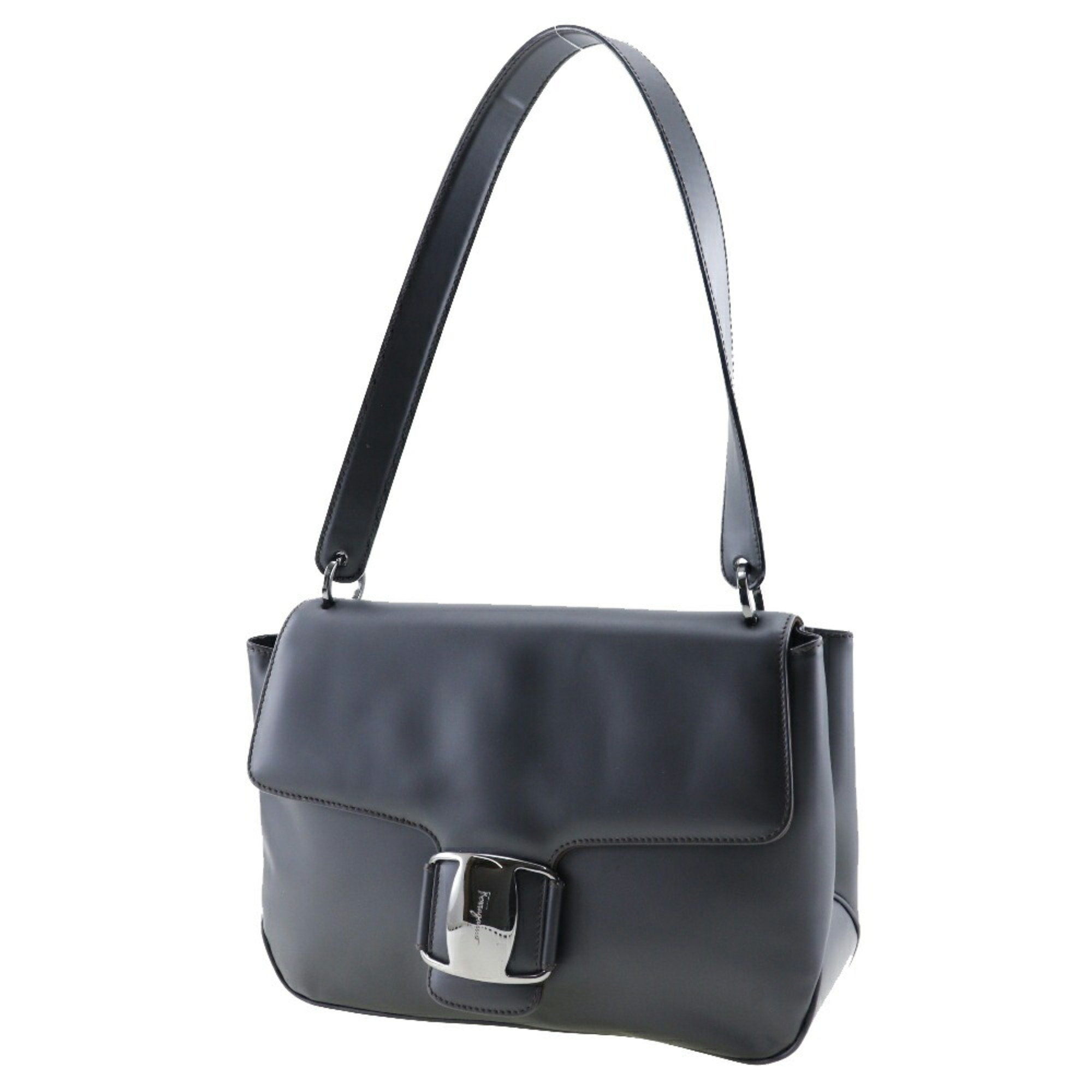 Salvatore Ferragamo One Shoulder Bag Vara 21.7643 Calf Made in Italy Black A5 Magnet Type Belt Ladies