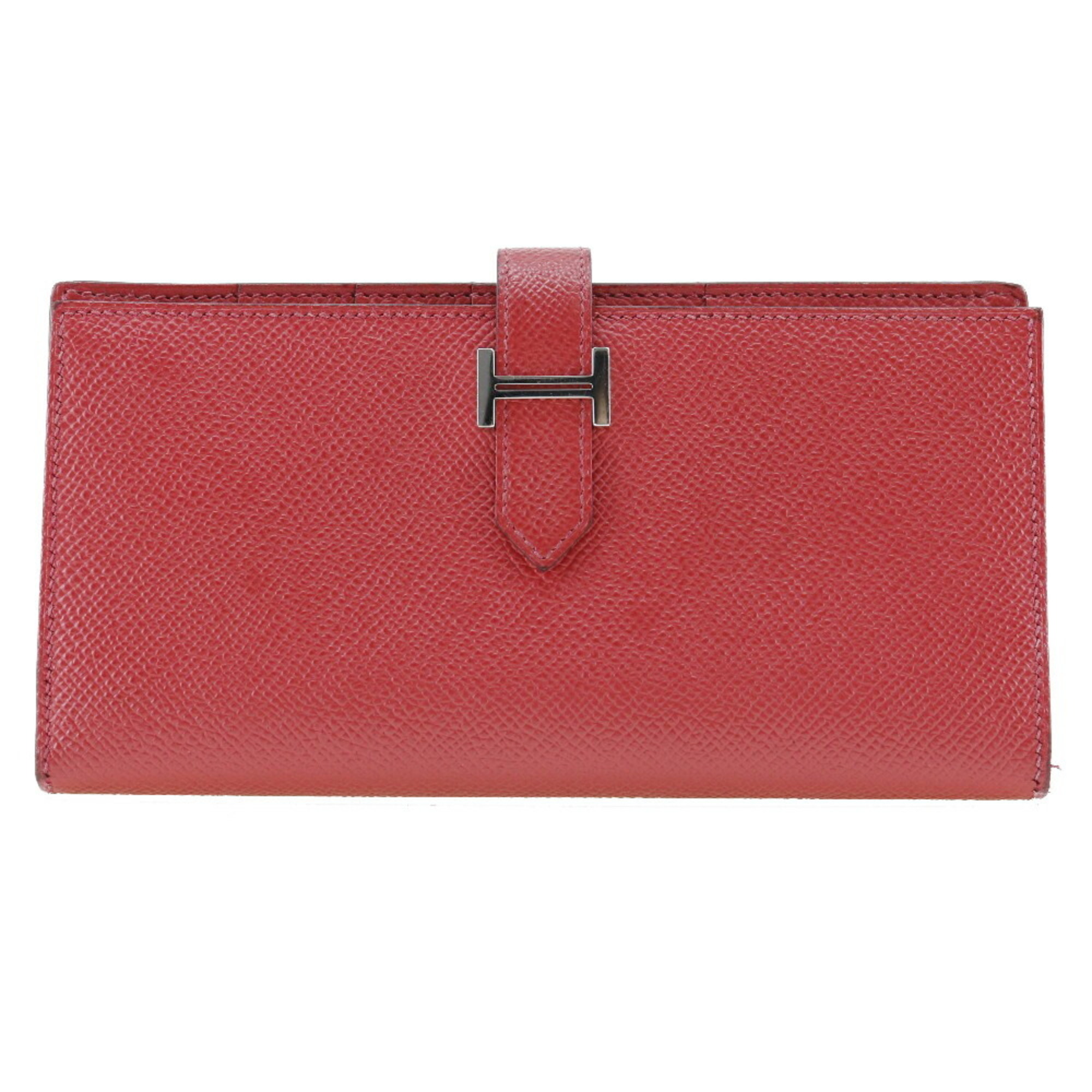 Hermes HERMES Beansufla Long Wallet Vaux Epson Made in France 2014 Red □R Belt Hardware Ladies