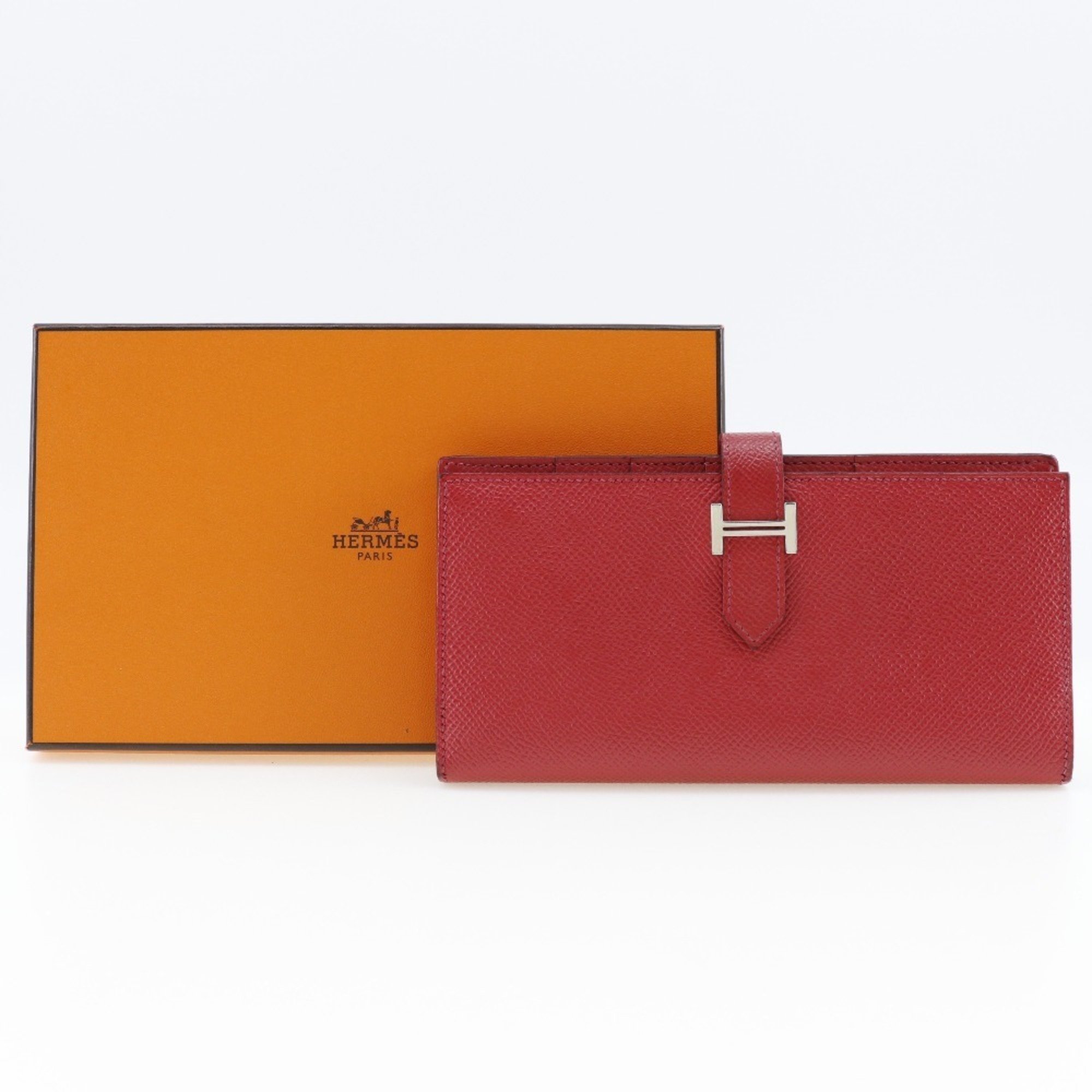 Hermes HERMES Beansufla Long Wallet Vaux Epson Made in France 2014 Red □R Belt Hardware Ladies