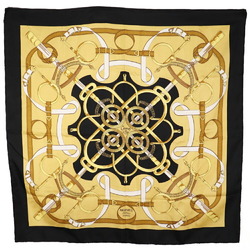 Hermes Carre90 Scarf Eperon d'or Golden Spur Silk Made in France Black/Yellow Women's