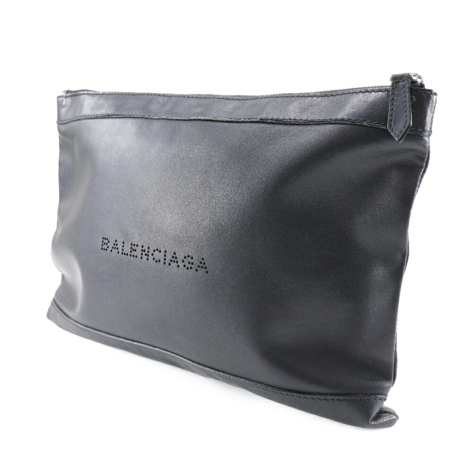 BALENCIAGA Navy Clip M Clutch Bag 373834 Lambskin Made in Italy Black A5 Zipper clip Unisex