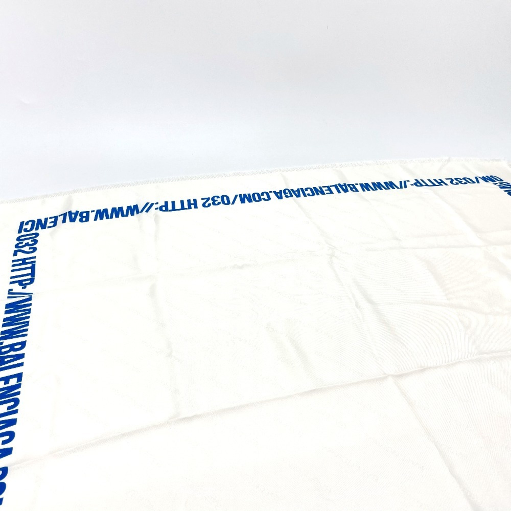 BALENCIAGA 465301 Logo Fringe Silk Scarf Unisex White x Blue