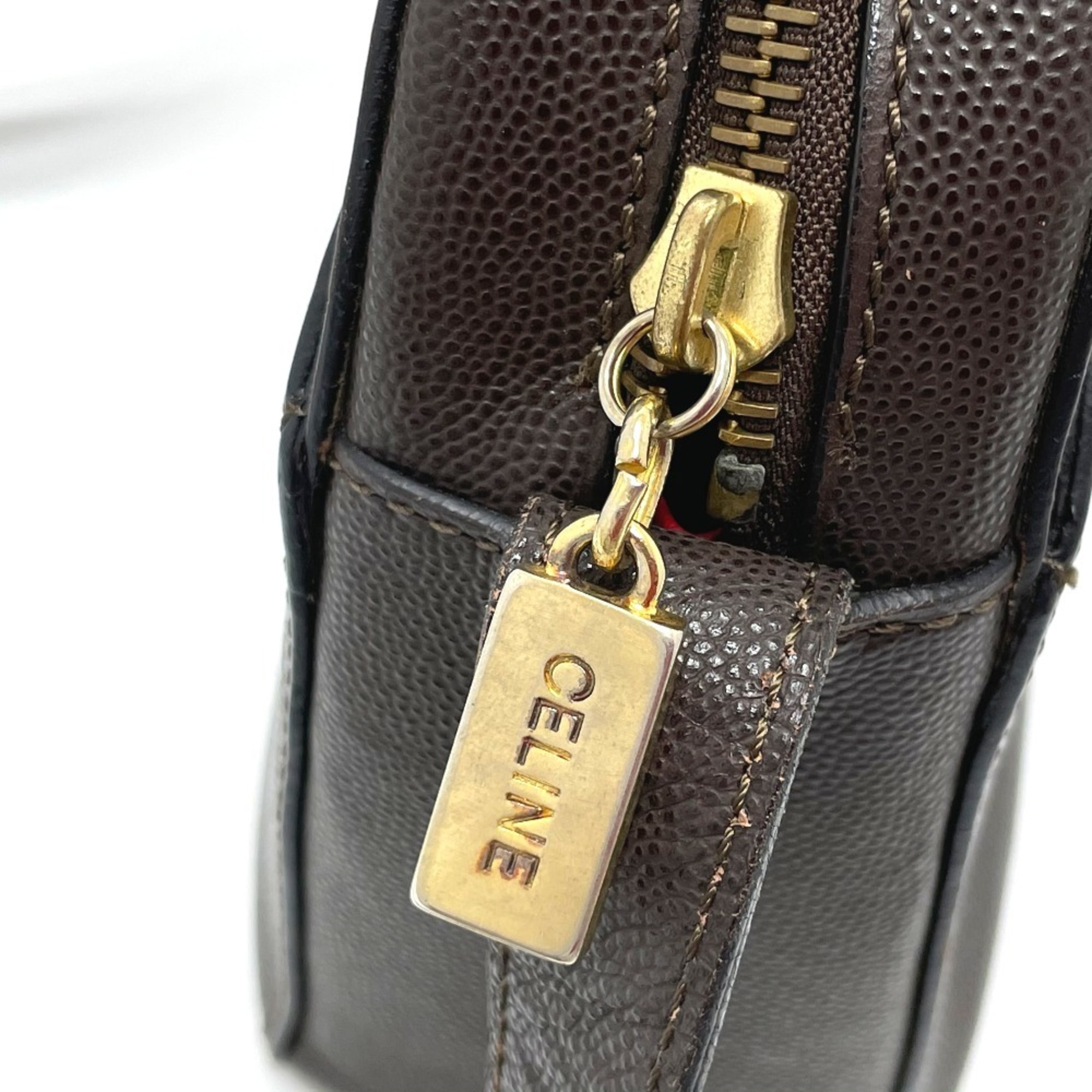 CELINE Logo Hardware Pochette Crossbody Shoulder Bag Leather Women's Dark Brown x Gold
