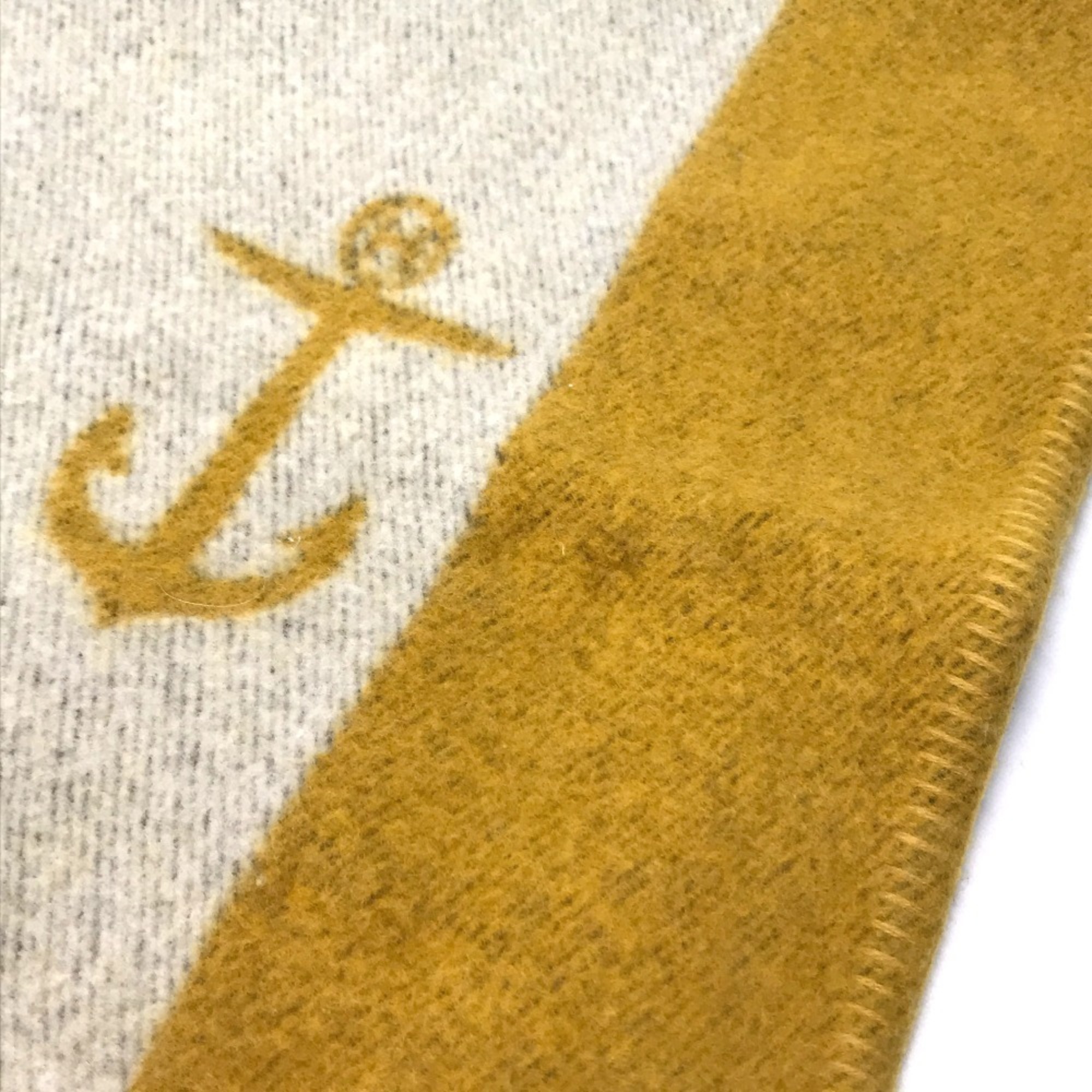 HERMES Two Tone Rectangle Marine Ikari Motif Rug Carpet Wool Unisex Mustard Yellow x Ivory