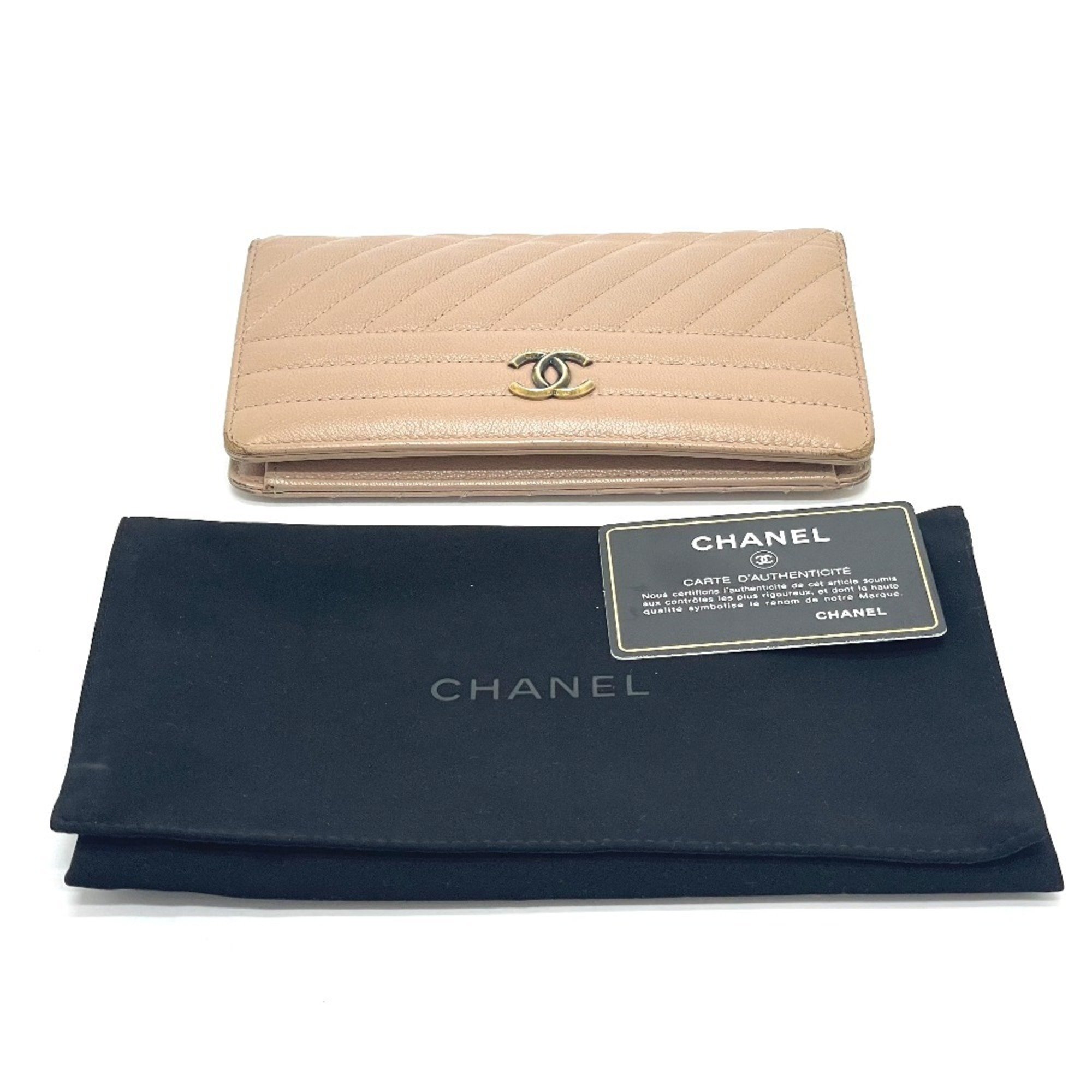 CHANEL A82399 Striped Border Coco Mark Flap Long Wallet (With Coin Purse) Goatskin Ladies Mocha Pink Beige