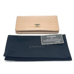 CHANEL A82399 Striped Border Coco Mark Flap Long Wallet (With Coin Purse) Goatskin Ladies Mocha Pink Beige