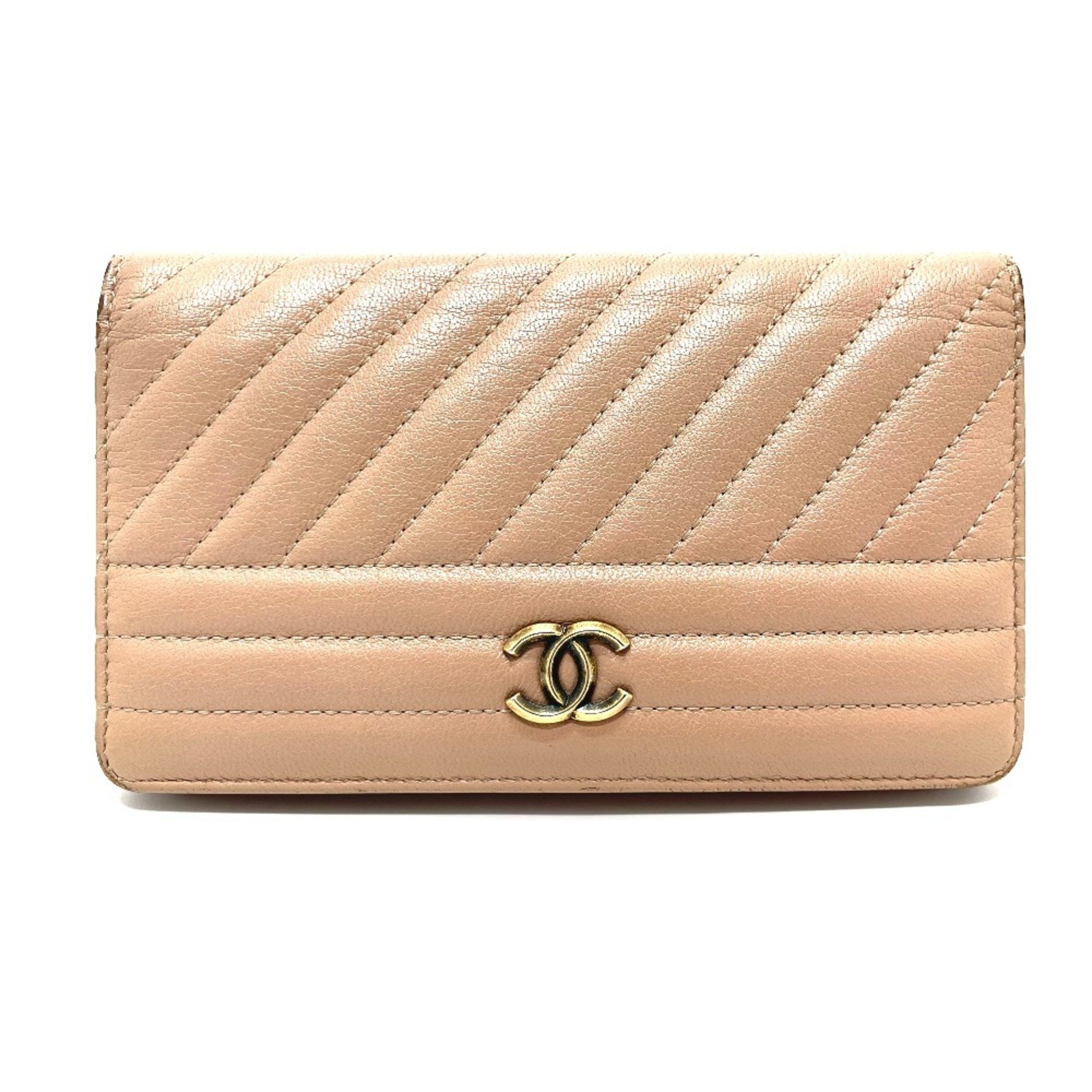 CHANEL A82399 Striped Border Coco Mark Flap Long Wallet (With Coin Purse) Goatskin Ladies Mocha Pink Beige