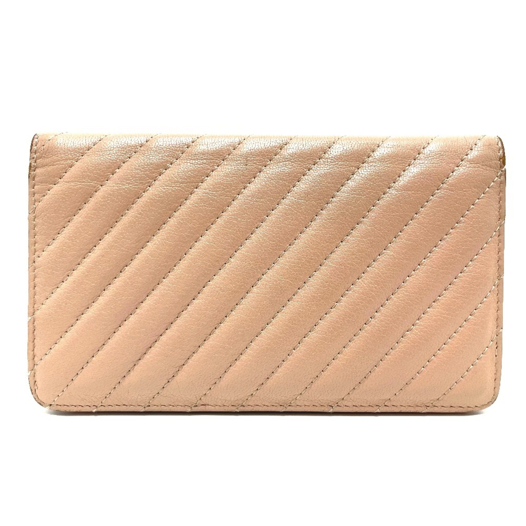 CHANEL A82399 Striped Border Coco Mark Flap Long Wallet (With Coin Purse) Goatskin Ladies Mocha Pink Beige