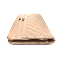 CHANEL A82399 Striped Border Coco Mark Flap Long Wallet (With Coin Purse) Goatskin Ladies Mocha Pink Beige