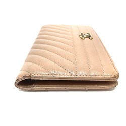 CHANEL A82399 Striped Border Coco Mark Flap Long Wallet (With Coin Purse) Goatskin Ladies Mocha Pink Beige
