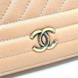 CHANEL A82399 Striped Border Coco Mark Flap Long Wallet (With Coin Purse) Goatskin Ladies Mocha Pink Beige