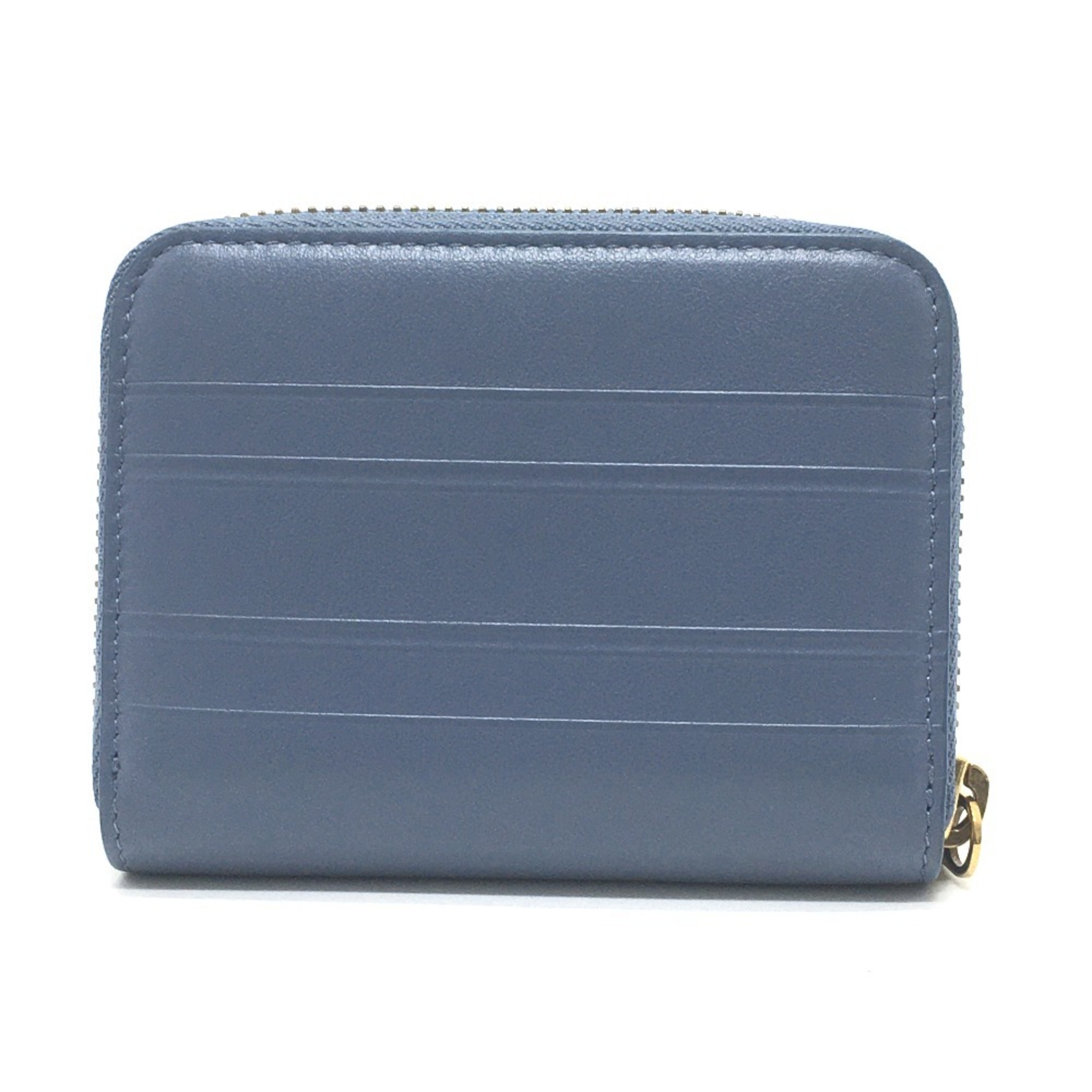 Christian Dior Dior Striped Wallet Round Zipper Coin Case Leather Ladies Denim Blue
