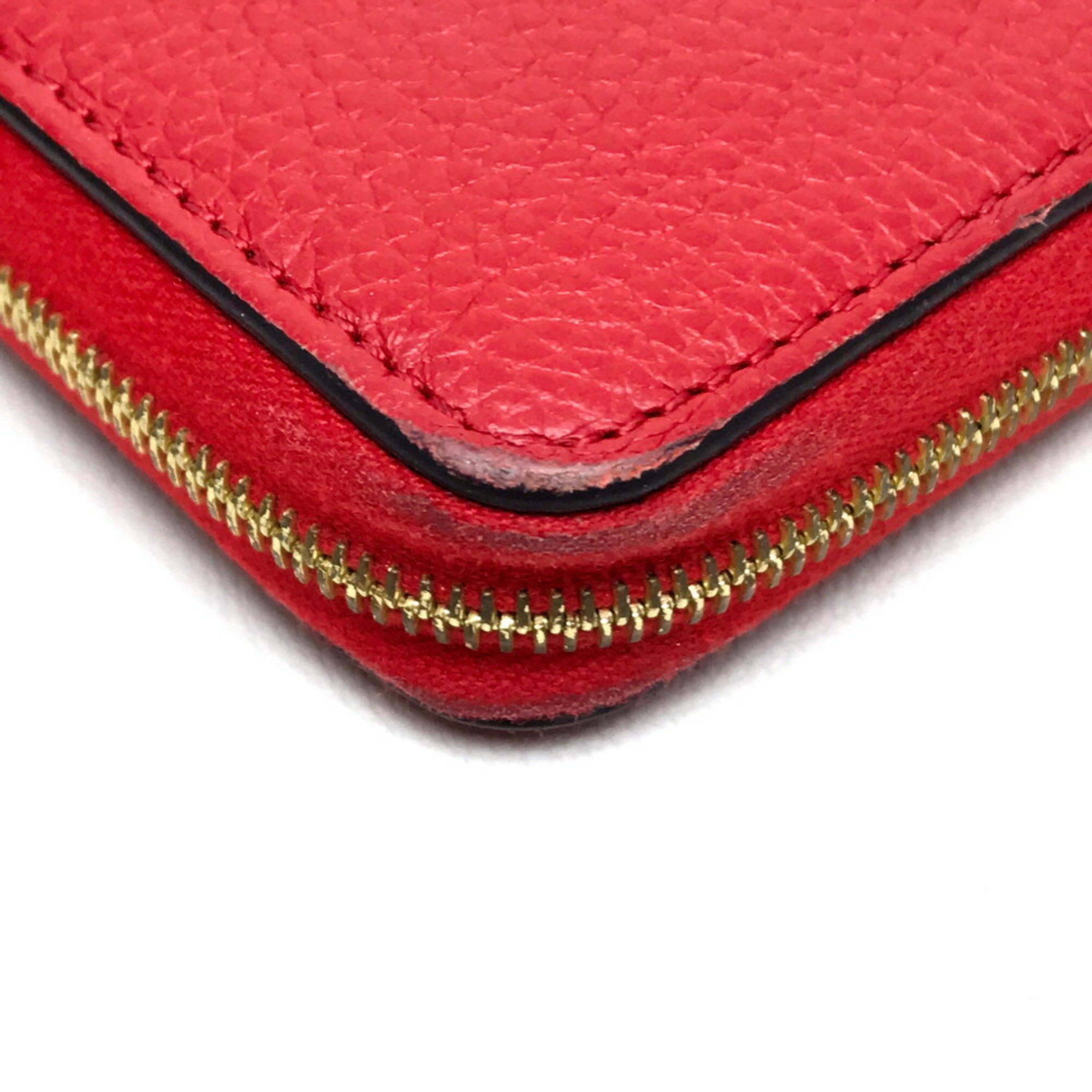 CELINE Round Zipper Long Wallet Leather Women's Red