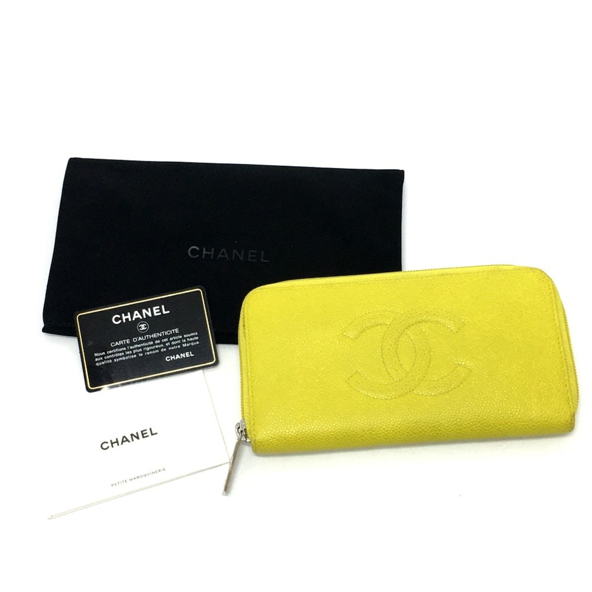 CHANEL CC Coco Mark Round Zipper Long Wallet (With Coin Purse) Caviar Skin Women's Yellow