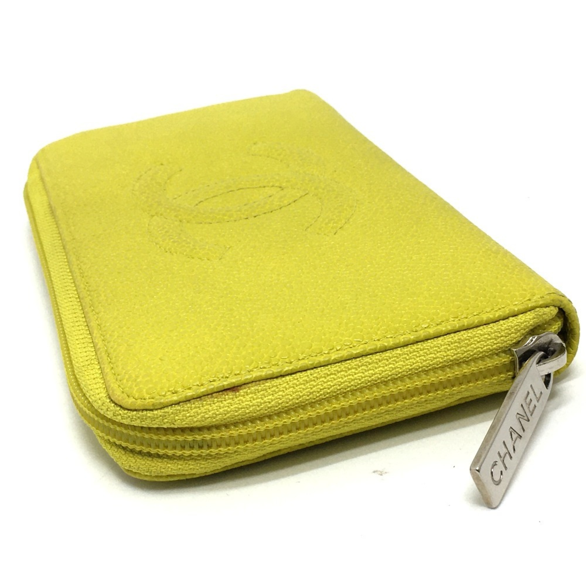 CHANEL CC Coco Mark Round Zipper Long Wallet (With Coin Purse) Caviar Skin Women's Yellow