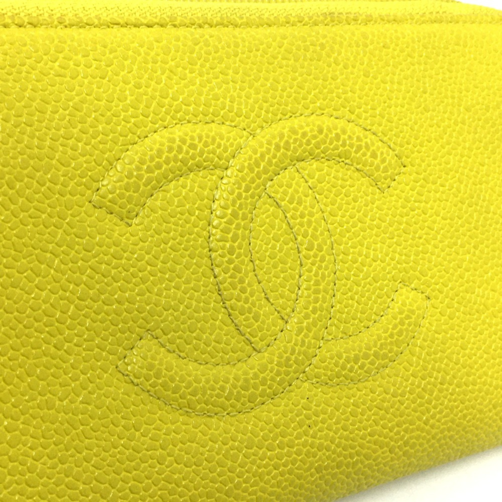 CHANEL CC Coco Mark Round Zipper Long Wallet (With Coin Purse) Caviar Skin Women's Yellow