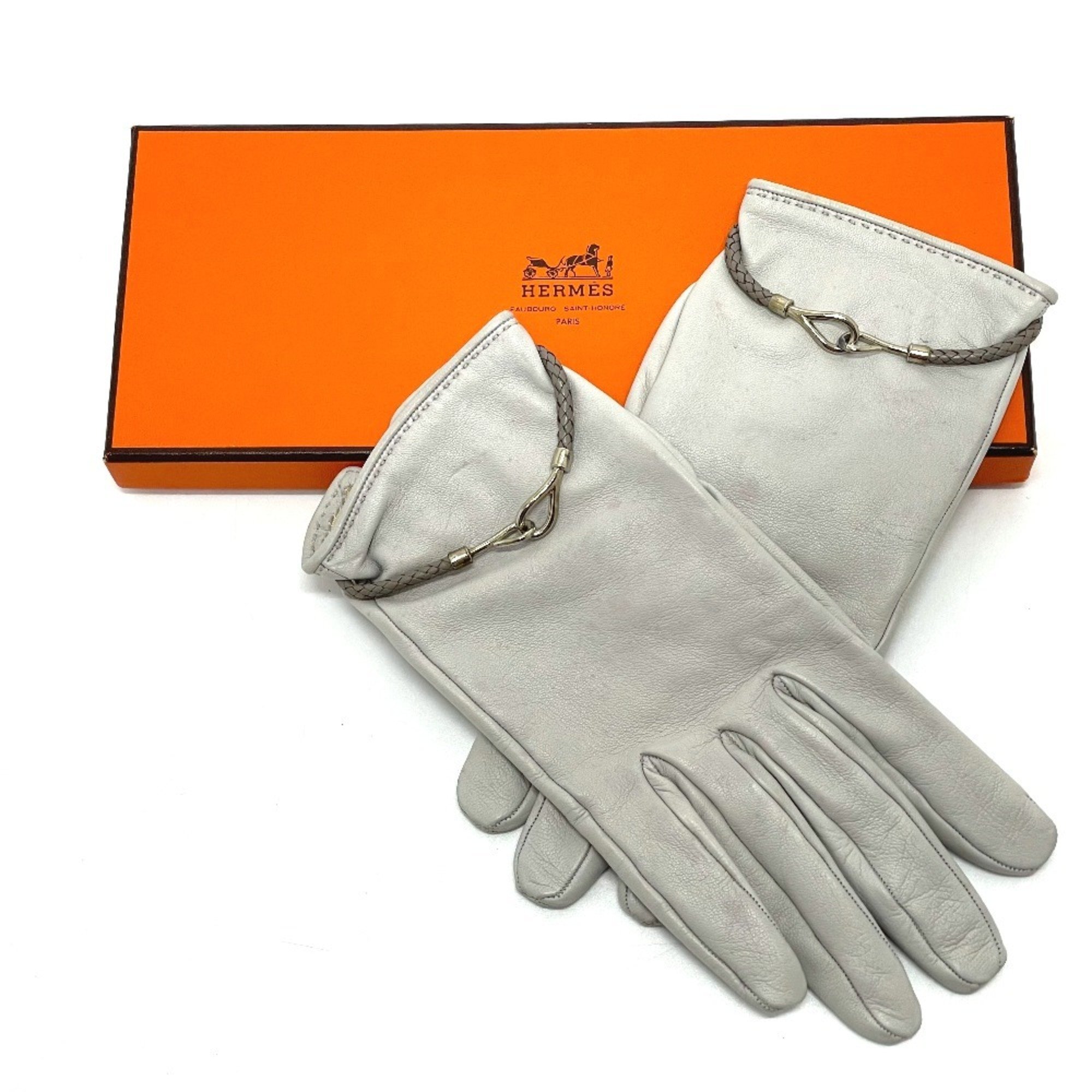 HERMES Jumbo Hook Motif Women's Gloves Leather Light Gray