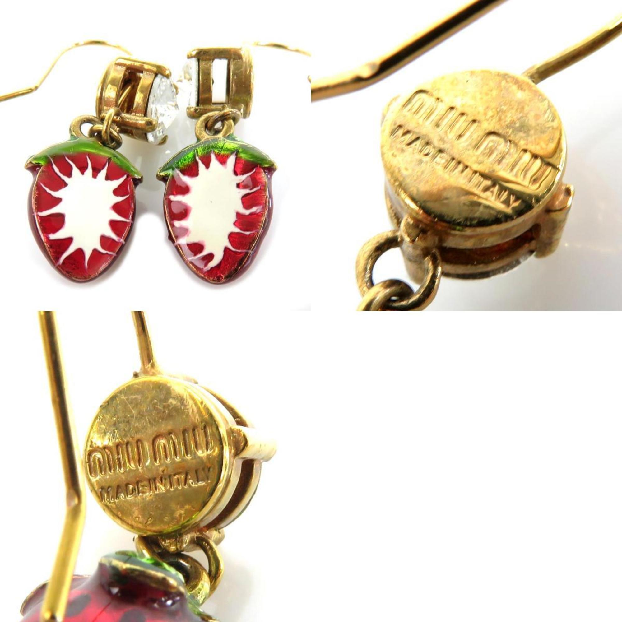 Miu MIUMIU Earrings Strawberry Metal/Stone Red x Green Gold Women's
