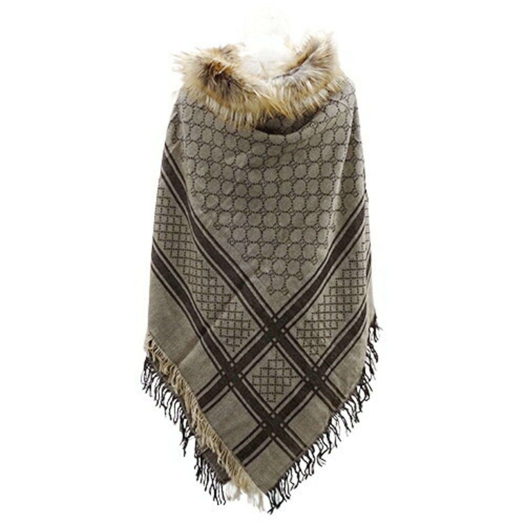 GUCCI Stole Women's Wool Brown 254017 Fox Fur GG Pattern Warm
