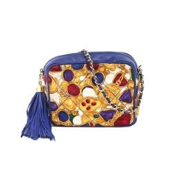 CHANEL Bijou Pattern Fringe Chain Shoulder Bag Satin Leather Blue Multicolor Vintage Matelasse