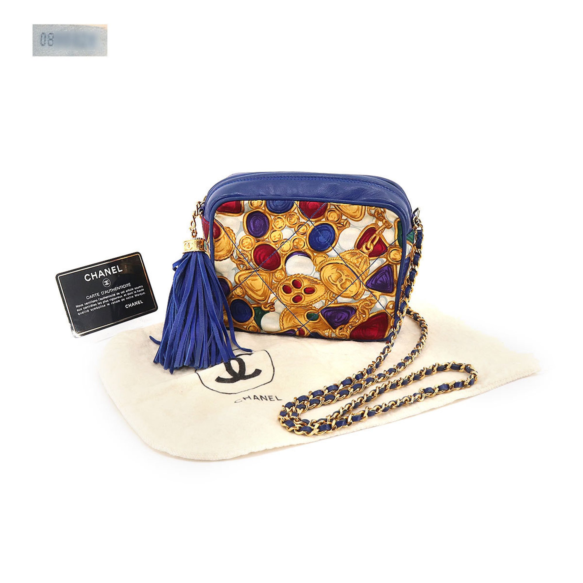 CHANEL Bijou Pattern Fringe Chain Shoulder Bag Satin Leather Blue Multicolor Vintage Matelasse