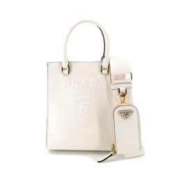 PRADA Saffiano 2way Hand Shoulder Bag Leather White 1BA333 Gold Metal Fittings with Pouch