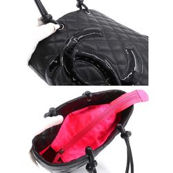 CHANEL Cambon Line Medium Tote Bag Leather Enamel Black A25167 Silver Hardware