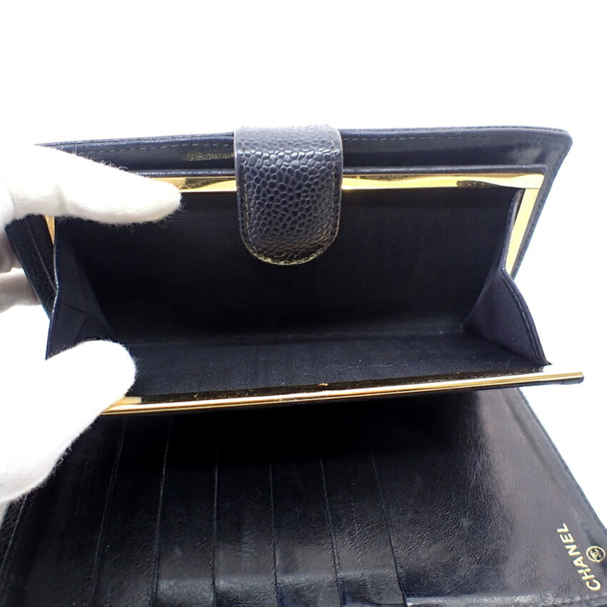 CHANEL Caviar skin black x gold here mark long wallet