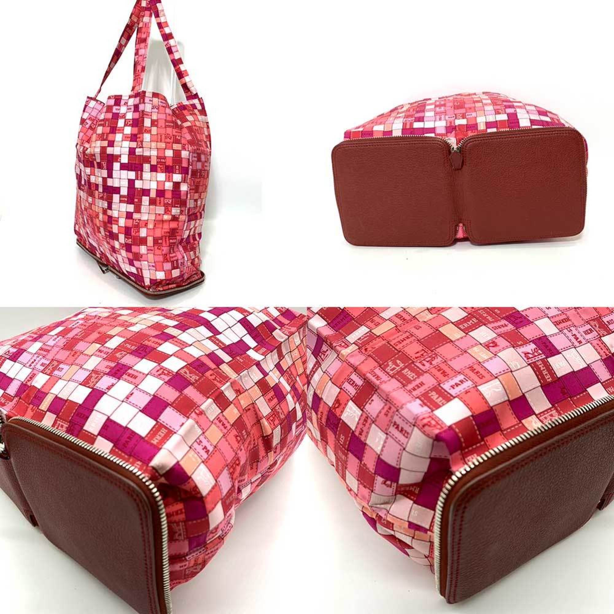 Hermes Bag Silky Pop Borduc Check Ribbon Pink x Bordeaux Rouge Ash Moyenne Folding Eco Handbag Tote Ladies Silk Buffle Skipper HERMES